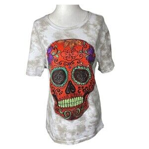 Fosforo Galileo Skull Graphic shirt Womens Medium Gray Orange Tie Dye